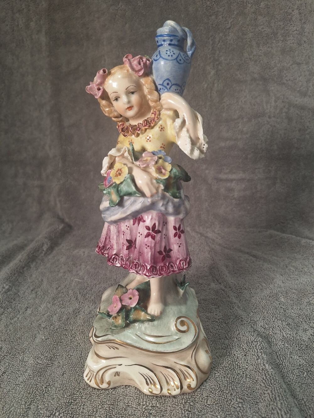 Vintage Cordey Porcelain Girl Figurine w Vase 10in Tall Hand Painted Japan